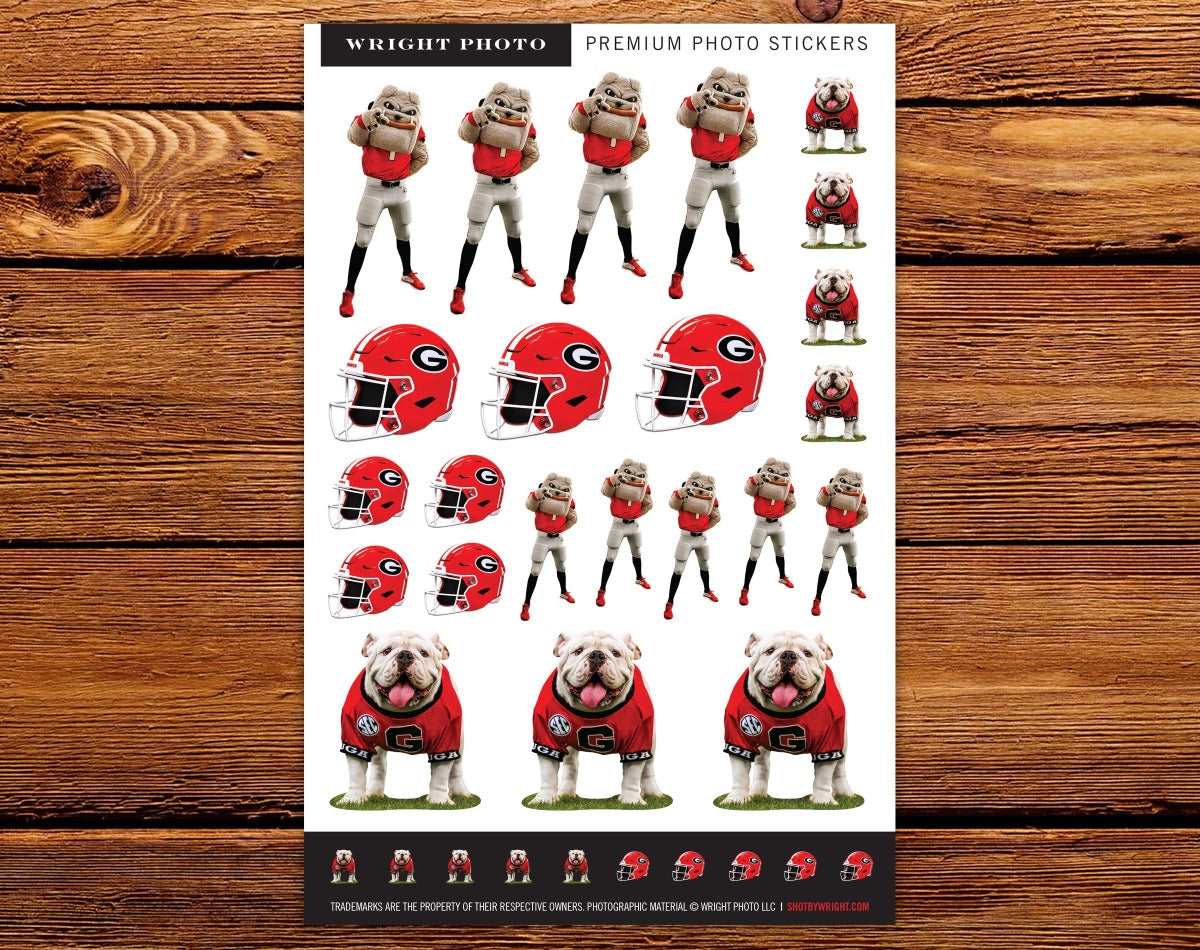 UGA Georgia Bulldogs Sticker Sheet - 33 Die Cut Vinyl Photo Decals - UGA X + Hairy Dawg + Helmet - WRIGHT PHOTO