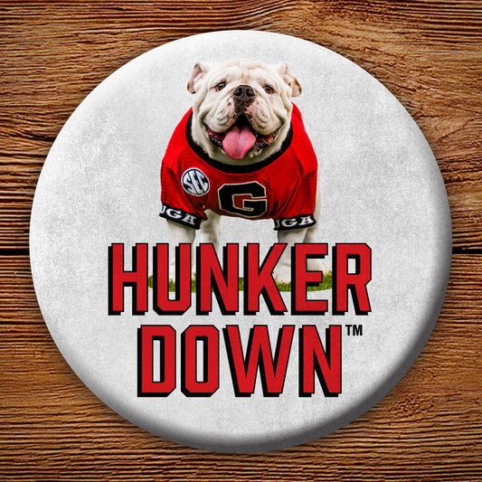 Uga X Mascot Hunker Down 3" Pin-Back Button - Georgia Bulldogs Tailgating & Gifts