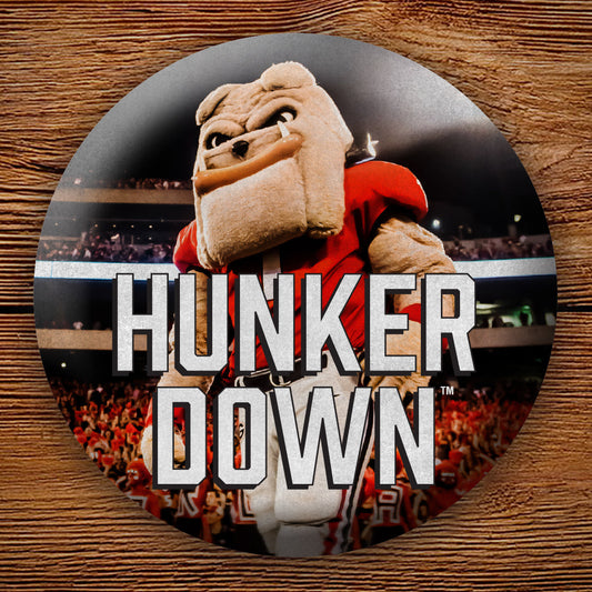 Hairy Dawg Hunker Down 3" Pin-Back Button - Georgia Bulldogs Tailgating & Gifts