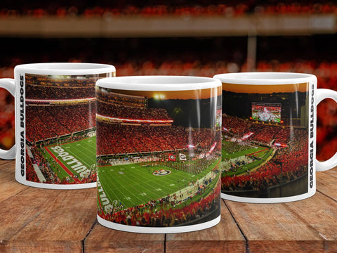 UGA Georgia Bulldogs: Big Night in Sanford Stadium vs Notre Dame Panoramic Photo Mug - 11oz & 15oz Coffee Mug - Photo Mug - Gift & Home Decor - WRIGHT PHOTO